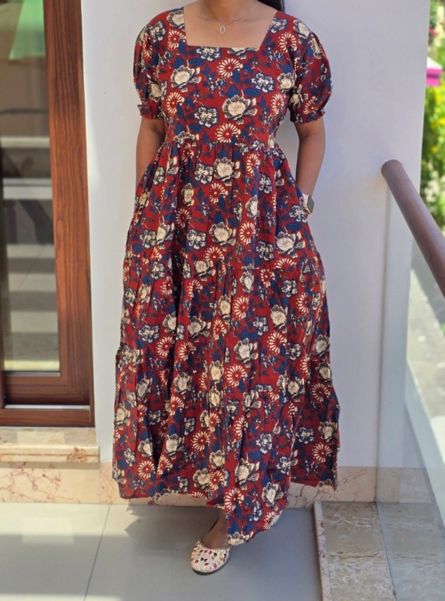 Anbarasi: Western Maxi Dress - Jaipur Cotton with Kantha Work & Puff Sleeves (Sizes S to XXL)